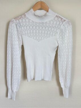 Major Label Group Sheer Pointelle Lace Yoke Ribbed Mock Neck Sweater White Small